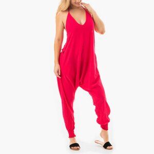 Solid Harem Jumpsuit Cotton V-Neck Adjustable Tie Tapared Leg Pockets Fuchsia